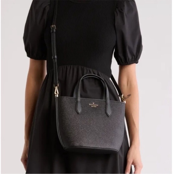 Kate Spade NWT Black Leather Shimmer Removable Crossbody Strap Satchel Tote Bag - Picture 2 of 7